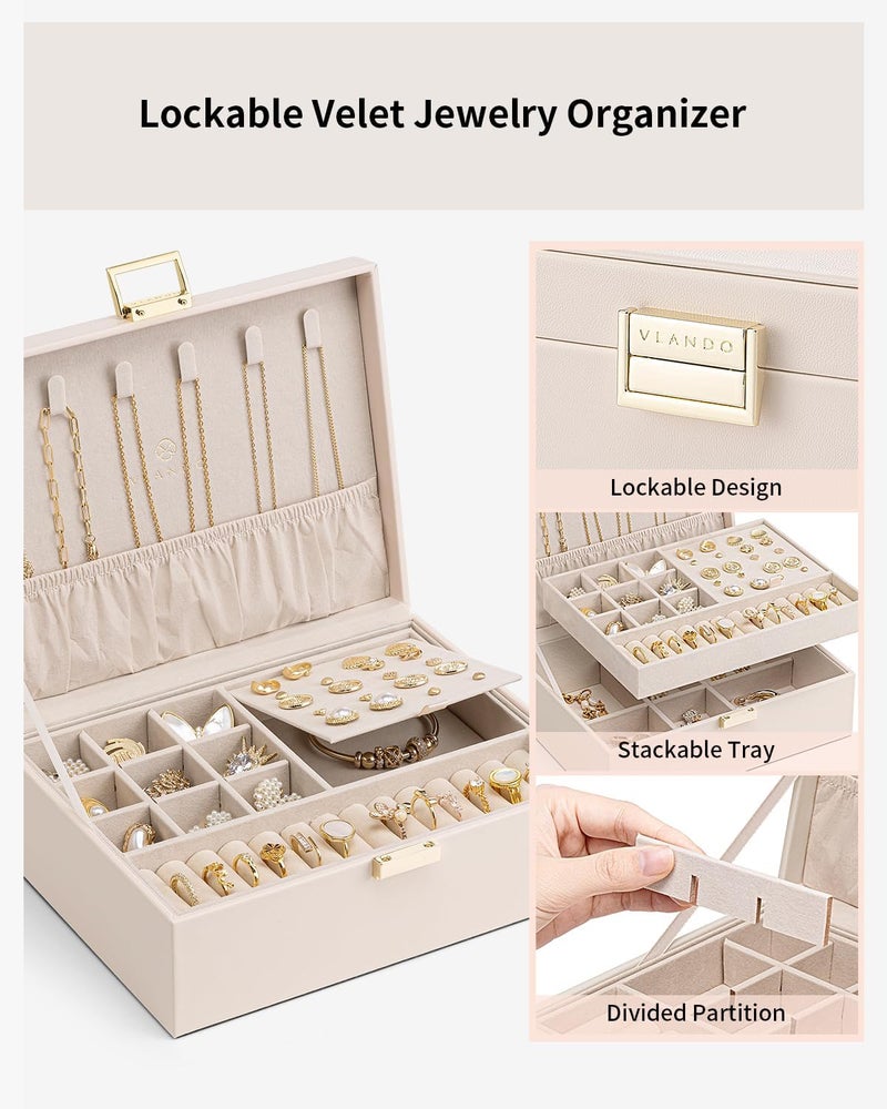 Vlando 2 Layer Jewelry Box Large Jewelry Organizer for Women Removable Jewelery Tray for Necklace Earrings Rings Bracelets Christmas Gifts for Mom Wife (Light Pink) - Image 4